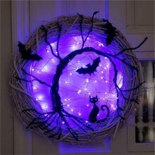 Halloween Wreaths for Front Door, 11.8Inch Lighted Bat and Cat Halloween Wreath with LED Lights