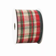Kraciasta wstążka w kolorze zielono-czerwonym z tkanym brzegiem 6,3 cm x 9,14 m