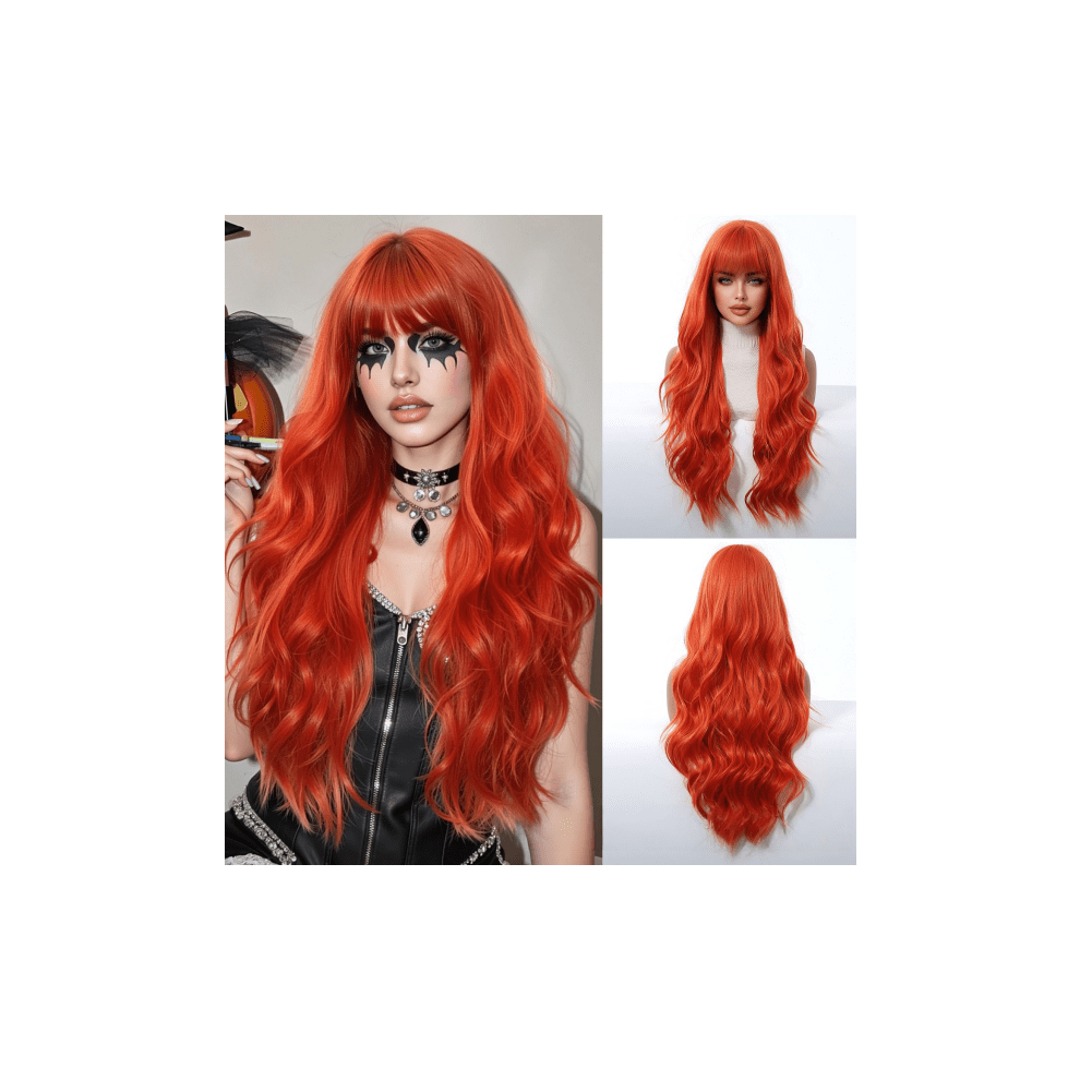 Unisex Orange 28 Inch Curly Bangs Wig High-Temp Synthetic