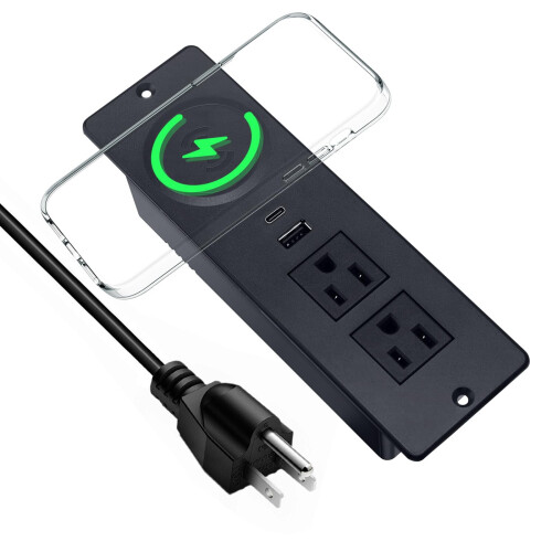 Régua de tomadas embutida com carregador sem fio e USB-C, 2