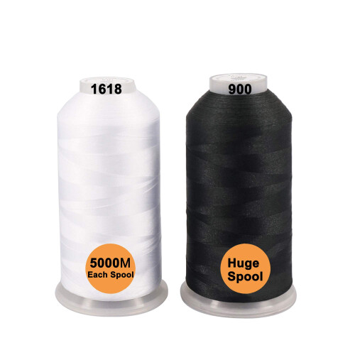 Embroidery Thread Polyester 5000M, 2 Spools Black and White, Durable Lustrous Thread for All Embroidery Machines, Smooth Stitching