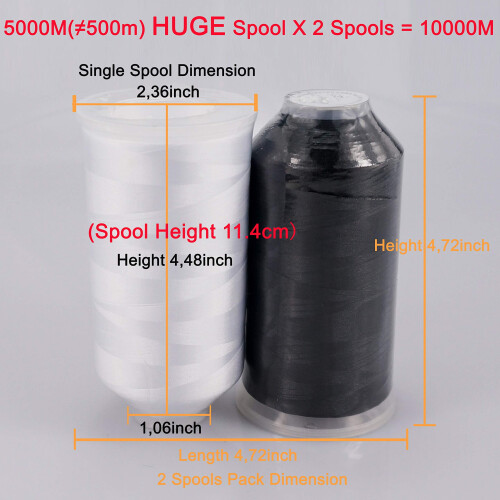 Embroidery Thread Polyester 5000M, 2 Spools Black and White, Durable Lustrous Thread for All Embroidery Machines, Smooth Stitching 1