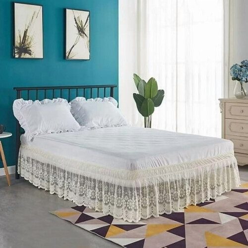Jupe de lit en polyester avec dentelle élastique 220 x 200 cm beige