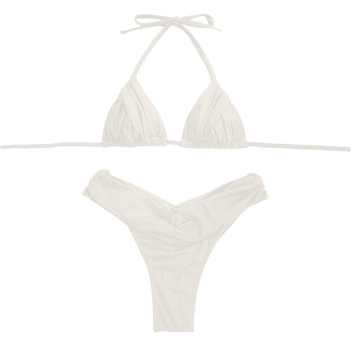 Damebikini med flæser og sidebånd i beige M 1