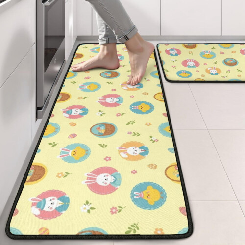 Yellow Easter chick kitchen rugs set of 2, 17" x 47" 1