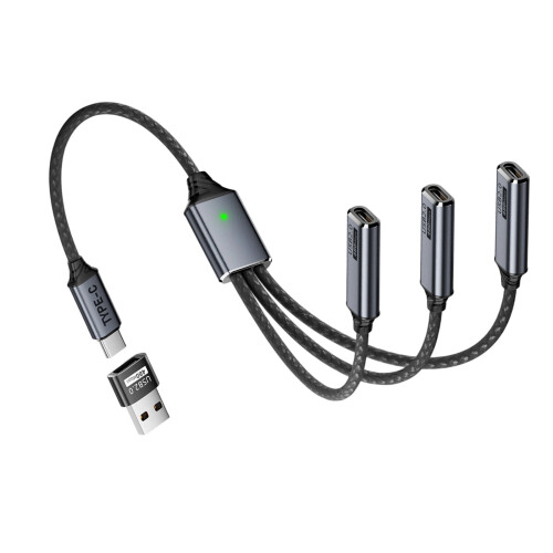 Cable divisor USB C a 3 USB C – 26 cm, nailon y aluminio