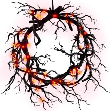 Couronne d'Halloween en branches noires avec lumières rouges, décoration horrifique artisanale pour porte, fenêtre, mur, jardin – Style