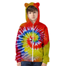 Felpa con cappuccio e cerniera con orecchie di gatto stampate in 3D, ideale per bambini e bambine, con stampa tie-dye, pullover casual e alla moda,