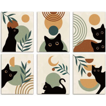 Tableau bohème chat noir sur toile, 20 x 25 cm, lot de 6