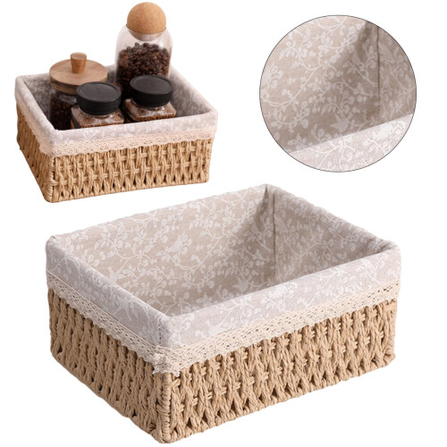 Small Wicker Storage Basket with Lid & Liner, Rectangular,
