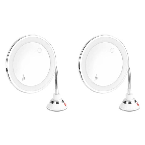 2pcs Flexible Gooseneck Makeup Mirror with LED Light 10X Magnifying Mirror Suction Cup Bright Diffused Light
