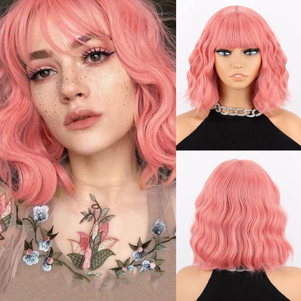 Unisex Short Ombre Blonde Wigs Wavy Bob Wig With Bangs Women Synthetic Curly Pastel Bob Wig For Girl Colorful Cosplay Wigs