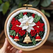 DIY Punch Needle Kit: Christmas Flowers & Jingle Bells, Easy for Beginners, Includes Hoop (20x20cm), Yarn & Tools – Compatible with Standard Punch