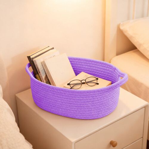 Cesto de armazenamento em algodão roxo trançado com alças 2