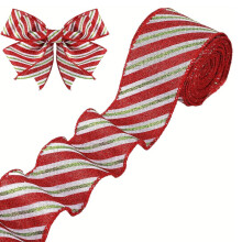 Kerstlint rood en groen gestreept, 6,35 cm breed, met glitter en een draadverstevigde rand, voor kerstcadeaus en feestversieringen.