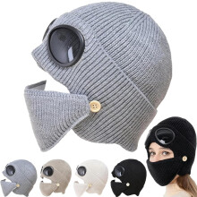 Unisex-talviset hiihtopipot ja suojalasit - ulkoiluun sopiva neulottu pipo irrotettavalla maskilla