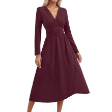 Dames maxi-jurk met lange mouwen, trendy en elegant, met V-hals, zwierig, geschikt voor bruiloften, gasten, feestdagen en formele gelegenheden.