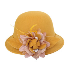 Cappello cloche da donna Gatsby in lino e lana con fascia in pizzo e fiore, in lana gialla, taglia unica, meno di 5 dollari.