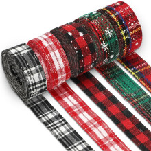 5 rollen van 30 meter kerstjute lint - 2,5 cm breed met sneeuwvlokkenruitpatroon voor het inpakken van cadeaus, winterse kerstversieringen,