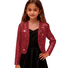 AWZXDE Elegante korte satijnen jas voor meisjes met zilverfolieprint, lange mouwen, meisjesjas voor formele gelegenheden, feestjes, chique vest,