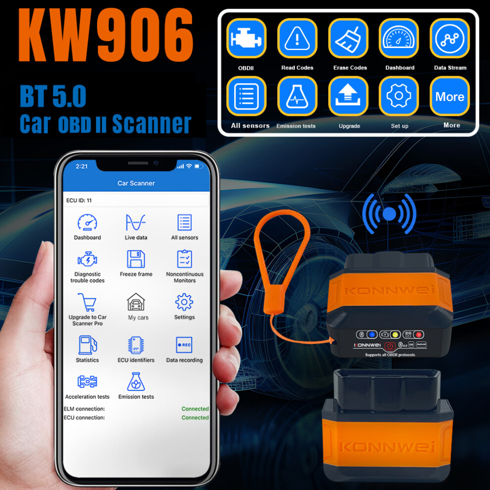 Kw906 Bt 5.0 Wireless Obdii Car Scanner, 12V, Compact Size Red 6901385624338