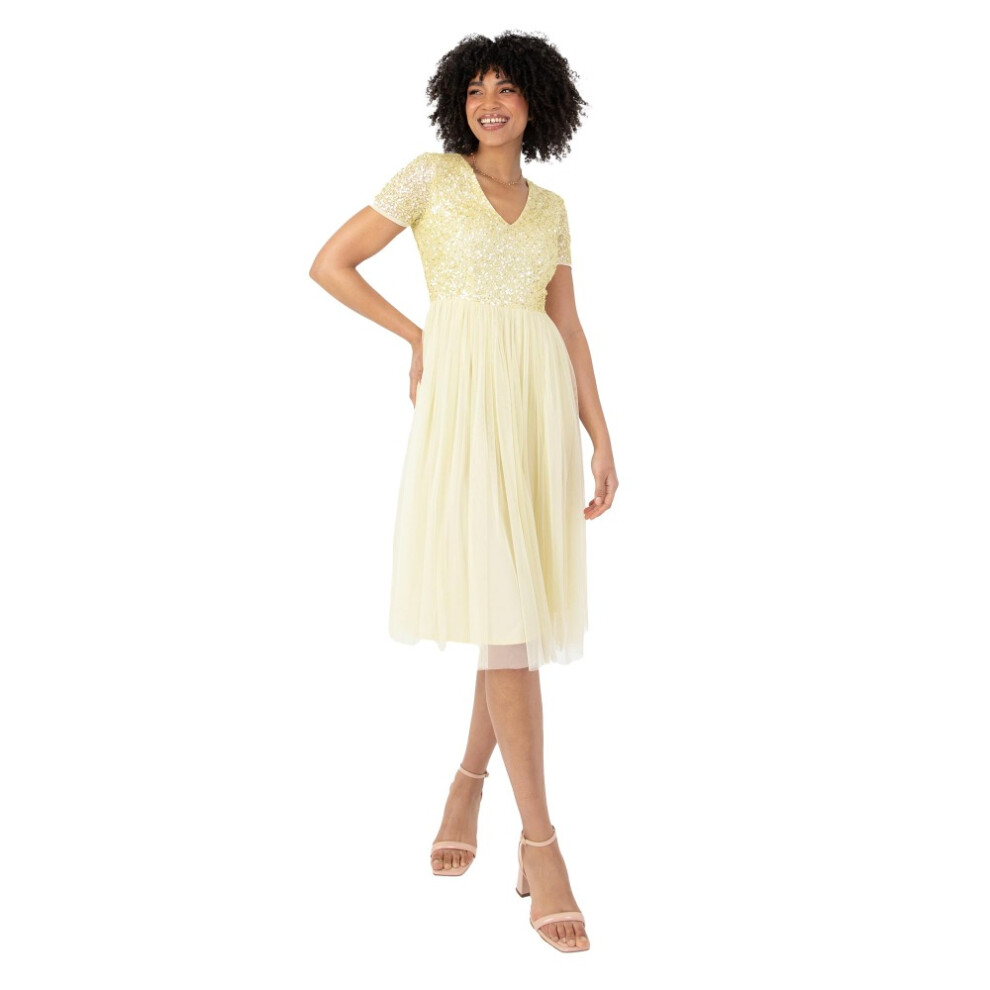 Maya Deluxe Women's Embellished Midi Evening Dress Ladies V Neckline With Short Sleeve For Prom Wedding Bridesmaid, Lemon, 22
