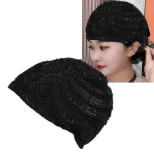 Blumen-Spitze Wrap-Kappe - Schwarzes Blumen-Kopftuch