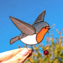 2 Pcs Hanging Birds  Wire High Stained Acrylic Suncatcher Window Panel Home Room Decor, Sitting Robin & Flaying Robin