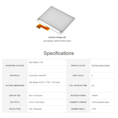 4.2inch E-Paper E-Ink Display Module 4.2inch E-Paper (G) , 400x300, Red / Yellow/ Black / White, SPI Interface 1