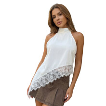 (S, White) Women's Velvet Sleeveless Tank Tops Asymmetry Lace Patchwork Hem Back Cutout Vest for Party