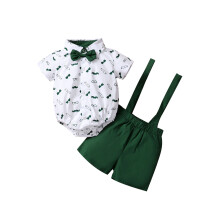 (6-12 Months, Green) Baby Boys Clothes Set, Beard Print Short Sleeve Lapel Neck Shirt+Solid Color Suspender Shorts