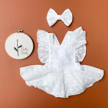 (12-18 Months, White) Gúna Romper Ruffle do Chailíní Leanbh, Culaith Tutu Samhraidh Dath Soladach Lása Gan Smál + Banda Ceann Bogha