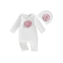 (3-6m, White) Baby Girls Autumn Clothes Set Long Sleeve 3D Flower Solid Color Romper + Hat Infant 2Pcs Cute O Neck Outfits