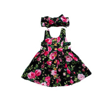 (6-12m, Black) Dievčenské šaty s gombíkmi, široký ramenný popruh, kvetinová potlač, módna čelenka, roztomilá sukňa