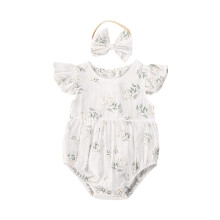 (12-18m, White) Éadaí Samhraidh do Leanaí, Romper Bláthanna le Muineál O, Muinchillí Rufáilte + Banda Gruaige, 0-24 Mí