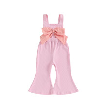 (18-24 Months, Pink) Kleinkind-Baby-Mädchen-Overall, lockere Passform, dekorative Schleife, gerippt, ärmellos, Schlaghose