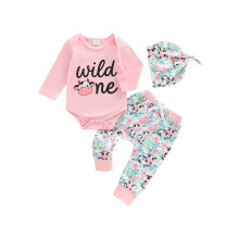 (12-18 Months, Pink) Herbstoutfit für Babys (Mädchen): 3-teiliges Set mit Strampler, Blumenhose und passender Mütze.