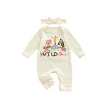(12-18 Months, Beige) Baby Mädchen Geburtstags-Strampler, lässig, langärmelig, Rundhalsausschnitt, Tiermuster, Jumpsuit mit Stirnband