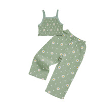 (3-4 Years, Green) Kinder Mädchen Hosen-Set, geblümtes ärmelloses Falten-Top mit langer Hose Sommer-Outfit