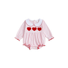 (12-18 Months, Pink) Romper Lá Vailintín do Chailíní le Prionta Stríoca, Bróidnéireacht Croí, Muinchille Fada