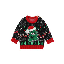 (6-9 Months, Black) Baby Sweater Knitted Cartoon Christmas Pattern Jacquard Design Long Sleeve Round Neck Warm Sweater