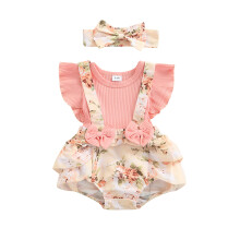 (12-18 Months, Pink) Conjunto de roupa bebê menina 2 peças, estampa floral rosa, body bufante e faixa com laço, tamanhos 0 a 18 meses.