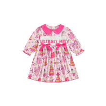 (12-18 Months, Pink) Robe trapèze imprimée gâteau et ballons, manches longues, col poupée, pour l'anniversaire d'une petite fille.