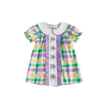 (3-4 Years, Purple) Robe de carnaval pour petite fille, imprimé écossais, col poupée, manches courtes, coupe trapèze à volants