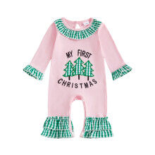 (12-18 Months, Pink) Kislány karácsonyi pizsama, hosszú ujjú, kerek nyakú, kockás mintás, fodros overál, baba pizsama