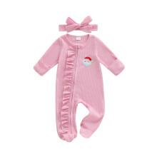 (3-6 Months, Pink) Romper Nollag le Bróidnéireacht Santa, Muinchille Fada, Zip Up, Muineál Babhta, Cosa Rufáilte, Banda Ceann