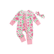 (6-12 Months, Red) Baby-Mädchen Herbst-Strampler mit Rosenmuster, langen Ärmeln, Rüschen und Haarband mit Schleife