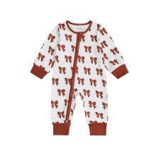 (3-6 Months, Red) Romper Fómhar le Zipper Oblique le Muinchille Fada agus Prionta Bogha Muineál Babhta do Chailín Leanbh