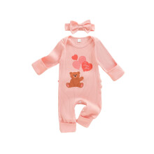 (6-12 Months, Pink) Lässiger Baby-Mädchen-Herbst-Strampler mit langen Ärmeln, Rundhalsausschnitt und Herz- sowie Bärenmuster.