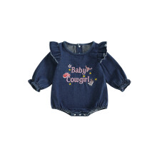 (12-18 Months, Blue) Baby Mädchen Herbst-Jeans-Strampler mit Sternenstickerei, langen Ärmeln, Rundhalsausschnitt, Blasenmuster